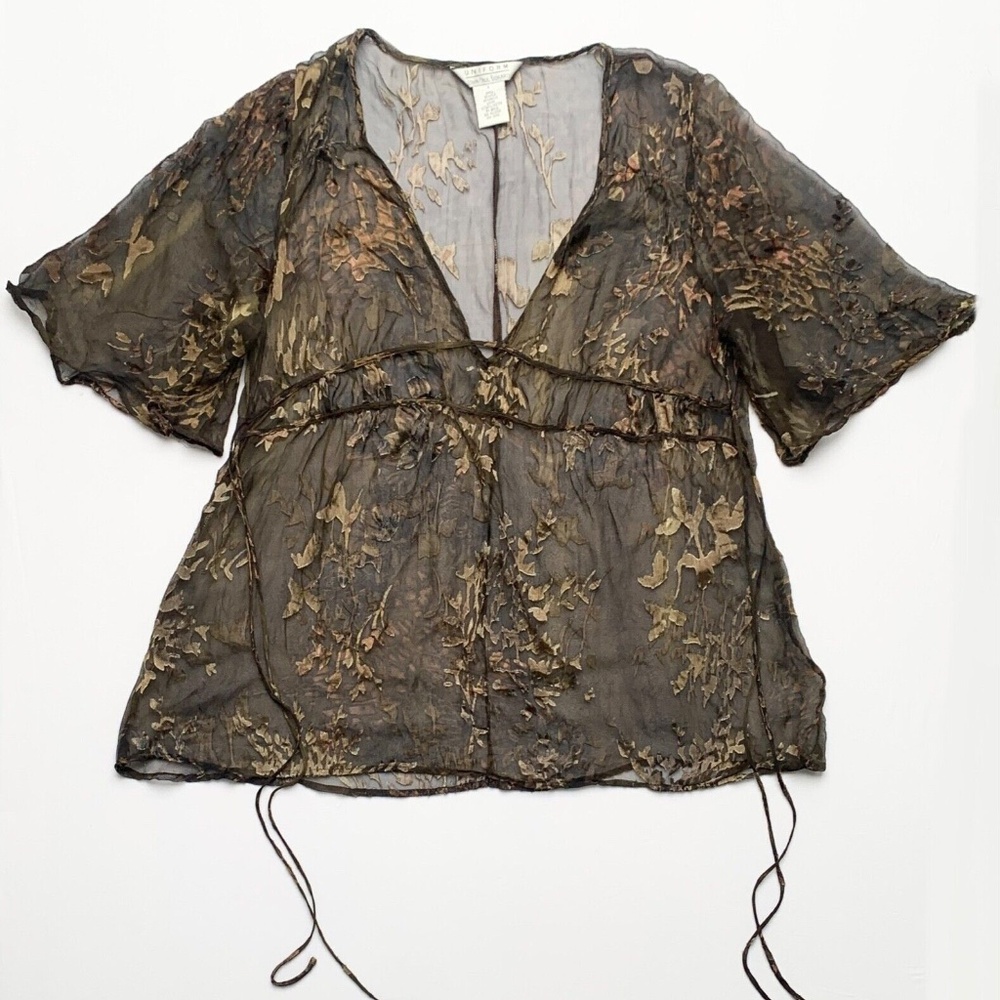 Slinky Sheer Floral Embroidered Boho Hippie Fairy Grunge Tie Flare Sleeve Top L